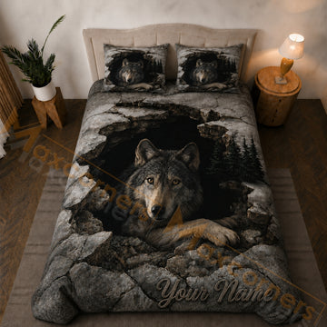 Maxcorners Gray Black Wolf Rocky Forest Cave Bedding Set 3D Print Custom Name