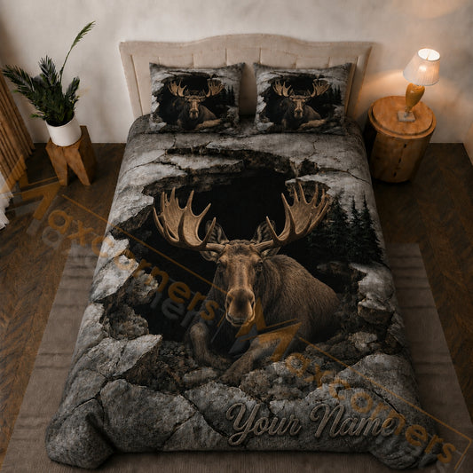 Maxcorners Gray Brown Moose Rocky Forest Cave Bedding Set 3D Print Custom Name