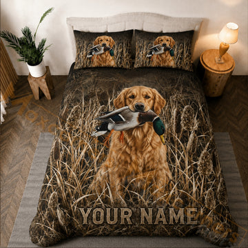 Maxcorners Brown Camouflage Hunting Dog Golden Retriever Duck Bedding Set 3D Print Custom Name
