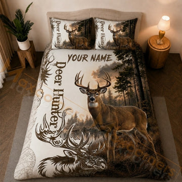 Maxcorners Deer Hunter Pine Forest Brown Bedding Set 3D Print Custom Name