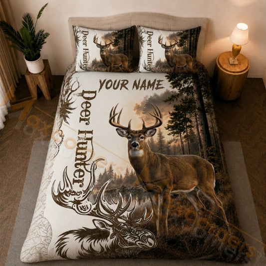 Maxcorners Deer Hunter Pine Forest Brown Bedding Set 3D Print Custom Name