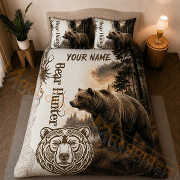 Maxcorners Bear Hunter Pine Forest Brown Bedding Set 3D Print Custom Name