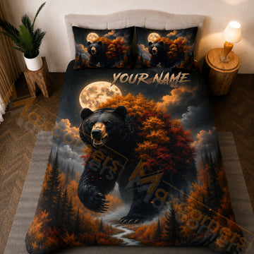 Maxcorners Wild Bear Autumn Forest Orange Black Bedding Set 3D Print Custom Name