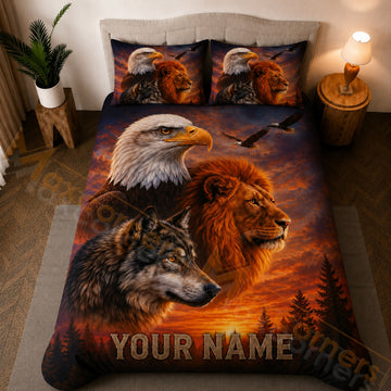 Maxcorners Eagle Wolf Lion Wild Animals Forest Dusk Bedding Set 3D Print Custom Name