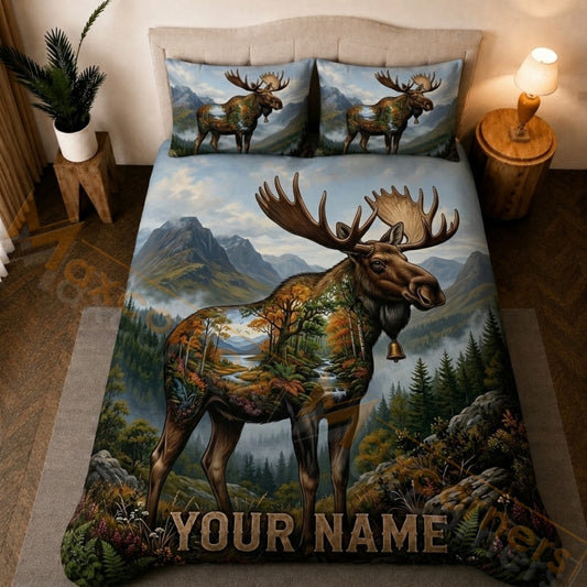 Maxcorners Majestic Stag Moose Mountain Forest Nature Bedding Set 3D Print Custom Name