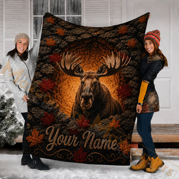 Maxcorners Hunting Moose In Cave Red Maple Leaves Brown Custom Name 3D Blanket