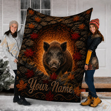 Maxcorners Hunting Boar In Cave Red Maple Leaves Brown Custom Name 3D Blanket