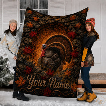 Maxcorners Hunting Turkey In Cave Red Maple Leaves Brown Custom Name 3D Blanket