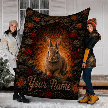 Maxcorners Hunting Rabbit In Cave Red Maple Leaves Brown Custom Name 3D Blanket
