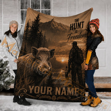 Maxcorners Hunting Wild Boar Hunter "The HUNT IS Freedom" Brown Custom Name 3D Blanket
