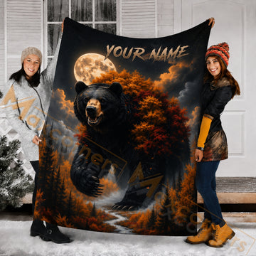 Maxcorners Hunting Wild Bear Full Moon Custom Name 3D Blanket