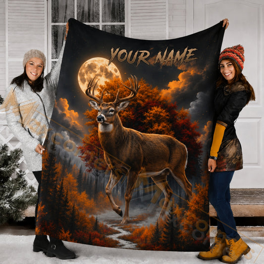 Maxcorners Hunting Wild Deer Full Moon Custom Name 3D Blanket