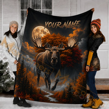 Maxcorners Hunting Wild Moose Full Moon Custom Name 3D Blanket