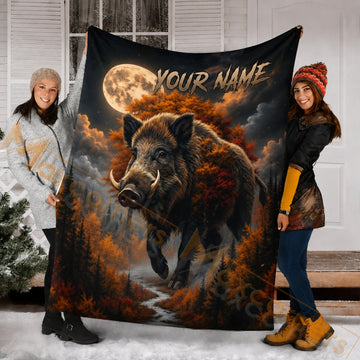 Maxcorners Hunting Wild Boar Full Moon Custom Name 3D Blanket