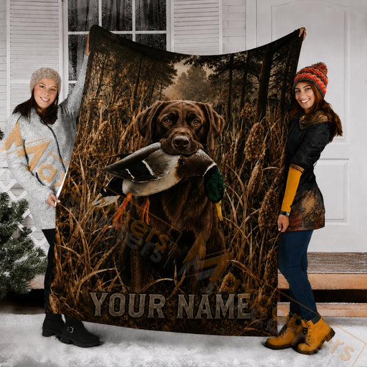 Maxcorners Hunting Chocolate Labrador Mallard Duck Reeds Grass Custom Name 3D Blanket