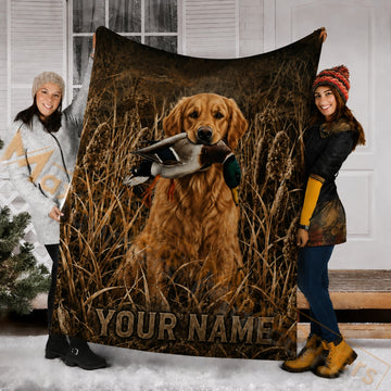 Maxcorners Hunting Golden Retriever Mallard Duck Wetland Reeds Custom Name 3D Blanket