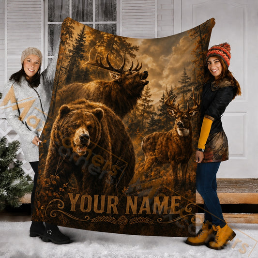Maxcorners Hunting Wild Animals Grizzly Bear Elk Buck Woodland Custom Name 3D Blanket