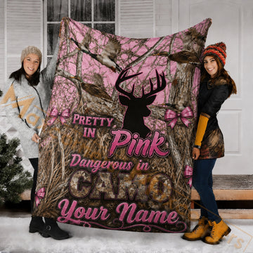 Maxcorners Hunting Pretty In Pink Dangerous In Camo Deer Duck Bows Custom Name 3D Blanket
