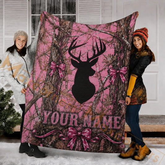 Maxcorners Hunting Pink Camo Deer Silhouette Bows Ribbons Custom Name 3D Blanket