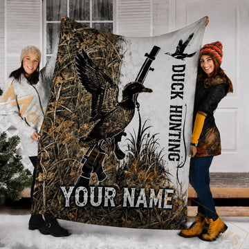 Maxcorners Hunting Duck Shotgun Camo Grass Green Custom Name 3D Blanket