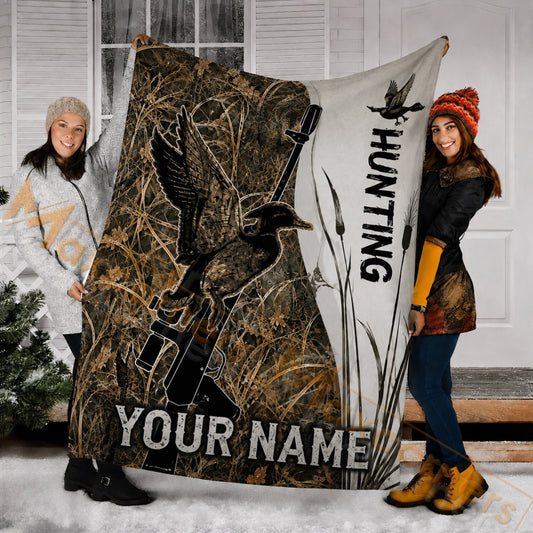 Maxcorners Hunting Flying Mallard Duck Camouflage Shotgun Reeds Custom Name 3D Blanket
