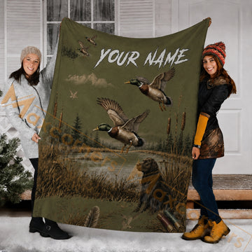 Maxcorners Hunting Flying Mallard Ducks Wetland Labrador Army Green Custom Name 3D Blanket