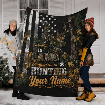 Maxcorners Hunting Pretty In Camo Dangerous In Hunting Buck Flag Custom Name 3D Blanket