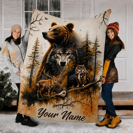 Maxcorners Hunting Grizzly Bear Wolf Owl Deer Autumn Forest Custom Name 3D Blanket