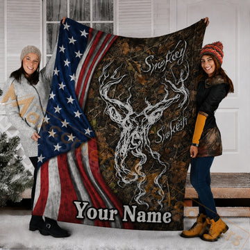 Maxcorners Hunting US Flag Smoke Deer Camo Custom Name 3D Blanket
