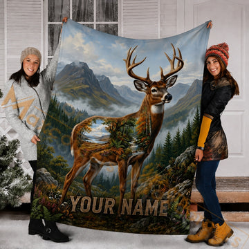 Maxcorners Hunting Double Exposure Deer Mountain Forest Creek Landscape Custom Name 3D Blanket