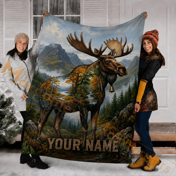 Maxcorners Hunting Double Exposure Moose Mountain Forest Creek Landscape Custom Name 3D Blanket