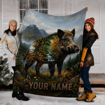 Maxcorners Hunting Double Exposure Boar  Mountain Forest Creek Landscape Custom Name 3D Blanket