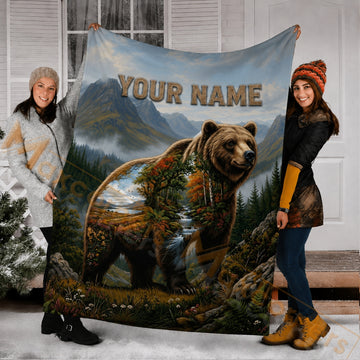 Maxcorners Hunting Double Exposure Bear Mountain Forest Creek Landscape Custom Name 3D Blanket