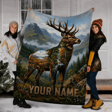 Maxcorners Hunting Double Exposure Elk Mountain Forest Creek Landscape Custom Name 3D Blanket