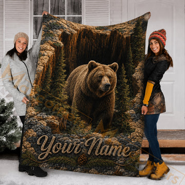 Maxcorners Hunting Majestic Bear Canyon Rocky Forest Pine Needle Custom Name 3D Blanket