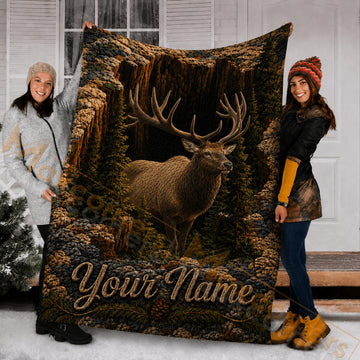 Maxcorners Hunting Majestic Elk Canyon Rocky Forest Pine Needle Custom Name 3D Blanket
