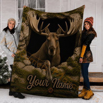 Maxcorners Hunting Wild Moose Head Textured Snake Scales Forest Pinecone Custom Name 3D Blanket