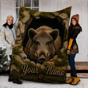 Maxcorners Hunting Wild Boar Head Textured Snake Scales Forest Pinecone Custom Name 3D Blanket