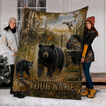 Maxcorners Hunting Black Bear Family Deer Turkey Mallard Duck Forest Custom Name 3D Blanket