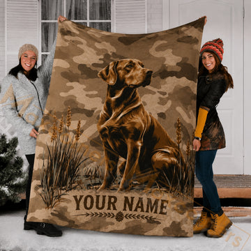 Maxcorners Hunting Labrador Retriever Brown Camo Hunting Dog Custom Name 3D Blanket