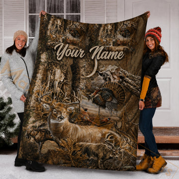 Maxcorners Hunting Whitetail Deer Turkey Pheasant Camo Wildlife Forest Custom Name 3D Blanket