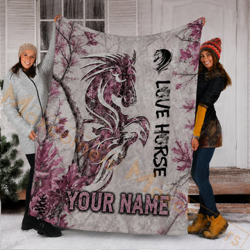 Maxcorners Hunting Pink Camo Tribal Rearing Horse Love Horse Custom Name 3D Blanket