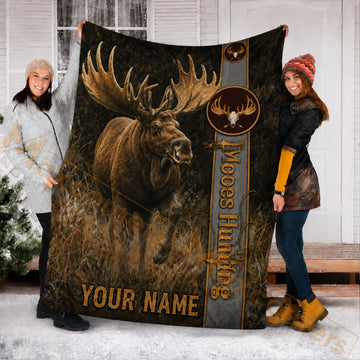 Maxcorners Hunting Wild Moose Dark Brown Grassland Custom Name 3D Blanket