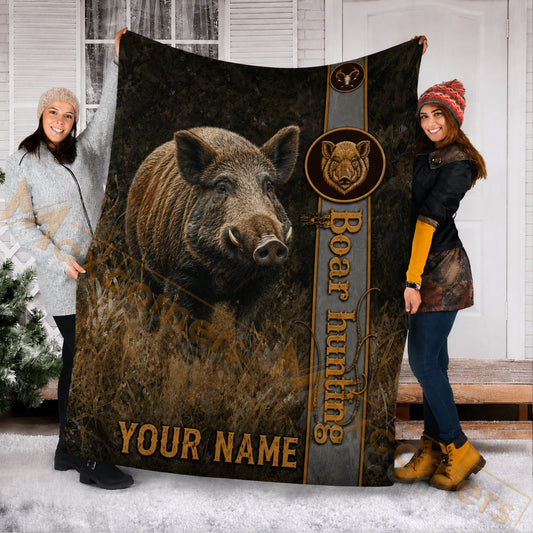 Maxcorners Hunting Wild Boar Tusker Dark Brown Grassland Custom Name 3D Blanket