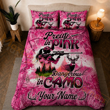 Maxcorners Hunting Girl Pretty In Pink Dangerous In Camo Deer Antlers Custom Name 3D Bedding Set