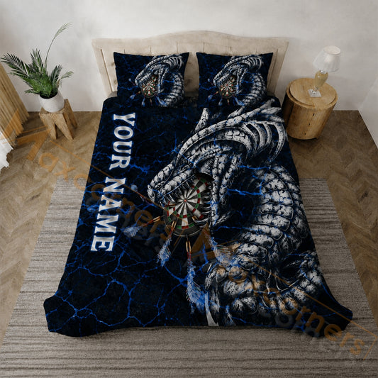 Maxcorners Darts Dark Blue Silver Dragon Bedding Set 3D All Over Printed