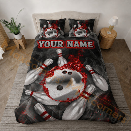 Maxcorners Red Flame Bowling Strike Smoky Black Personalized Name Unisex 3D Bedding Set