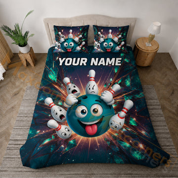 Maxcorners Funny Cartoon Bowling Ball Strike Personalized Name Unisex 3D Bedding Set