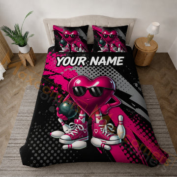Maxcorners Pink Heart Bowling Cute Love Personalized Name Unisex 3D Bedding Set