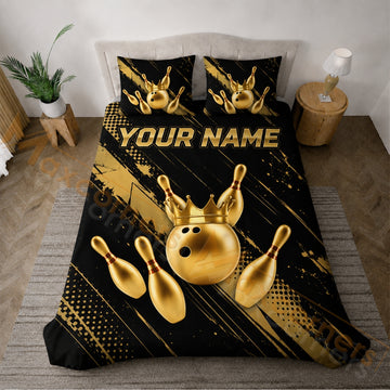 Maxcorners Golden Crown Bowling Black Gold Personalized Name Unisex 3D Bedding Set